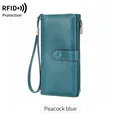 Portefeuille long bleu paon avec protection RFID, cuir grainé et dragonne assortie - Bleu sarcelle