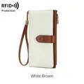Portefeuille long bicolore en cuir blanc et marron avec protection RFID et dragonne chic - Blanc Brun