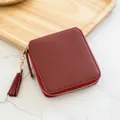 Burgundy square zipper wallet with matte leather texture and elegant fringe tassel detail - Burgundy