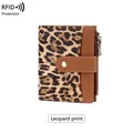 Women's leopard print RFID leather wallet with gold snap button and metal zipper closure - Leopard Print