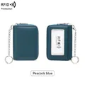 Peacock blue RFID blocking leather card holder with zip closure and keychain - Teal
