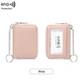 Pink RFID blocking leather card holder with keychain and secure zipper closure - Pink