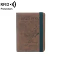 Protège-passeport RFID en cuir marron avec emblème US et fermeture à élastique vert - Café