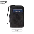 Portefeuille passeport RFID en cuir noir rétro de grande capacité avec dragonne - Noir