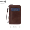 Portefeuille passeport RFID vintage en cuir marron café avec plusieurs compartiments - Café