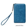 Travel RFID passport wallet in peacock blue PU leather with embossed logo and wrist strap - Teal