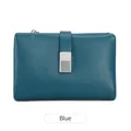 Portefeuille femme pliable en cuir grainé bleu foncé avec boucle métallique et zip - Bleu