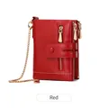 Three-fold red leather wallet with double zippers, stitching details and gold chain strap - Red
