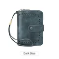 Retro dark blue oil wax leather RFID wallet for women with wrist strap and zipper - Dark Blue