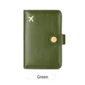 Olive green RFID leather passport holder with gold airplane logo and snap closure - Green