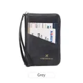Slim grey RFID blocking passport wallet with gold plane logo and wrist strap - Gray