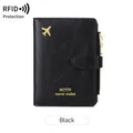 Porte-passeport RFID en cuir PU noir avec décor d'avion doré et poche zippée pratique - Noir