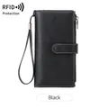 Portefeuille long en cuir noir pour femme avec protection RFID et dragonne amovible - Noir