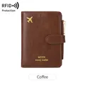 Dark coffee leather travel passport wallet with gold airplane logo and RFID protection - Coffee