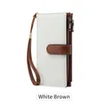 Women's trifold RFID long wallet in white and brown lychee grain leather with wristlet - White Brown