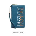 Peacock blue RFID passport wallet with lychee leather texture and wrist strap - Teal