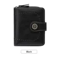Portefeuille noir court en cuir avec motif litchi et boucle vintage en forme de tournesol - Noir