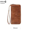 Brown long vintage leather wallet for women with RFID protection and wrist strap - Brown