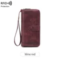 Retro wine red long RFID blocking wallet for women with perforated pattern design - Burgundy