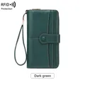 Portefeuille long en cuir vert foncé RFID pour femme avec bouton et dragonne - Vert Foncé