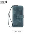 Retro dark blue long RFID blocking wallet with hollow design and wrist strap - Dark Blue