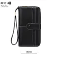 Portefeuille femme rétro en cuir noir avec protection RFID et grande capacité avec dragonne - Noir