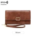 Portafoglio lungo marrone RFID da donna in stile vintage con chiusura dorata e cinturino - Marrone