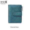 Portefeuille RFID vintage en cuir bleu paon pour femme avec bouton pression et zip - Bleu sarcelle
