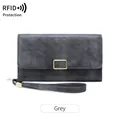 Retro grijze lange damesportemonnee met RFID-bescherming en een gouden metalen gespdetail - Grijs