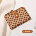 Brown slim compact wallet with clover pattern and gold bead snap closure detail - Brown