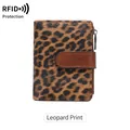 Women's trifold RFID leopard print wallet with brown leather strap and zip pocket - Leopard Print
