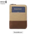 Khaki canvas and brown leather RFID passport holder with secure metal zipper closure - Khaki Brown Colorblock