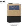 Khaki and black canvas leather passport wallet with RFID blocking and secure zipper - Khaki Patchwork Black