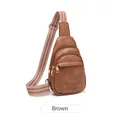 Brown faux leather crossbody chest bag with vintage wide geometric woven strap - Brown