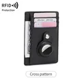 Black Saffiano leather RFID card holder with AirTag slot and secure snap closure - Cross Pattern Black