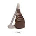 Coffee brown textured leather chest bag with a stylish black and white woven strap - Coffee