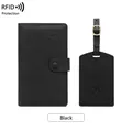 Black RFID blocking passport holder and luggage tag set with debossed airplane logo - Black Zirconia Set