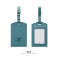 Blue textured PU leather luggage tag with aircraft icon and transparent ID window - Blue