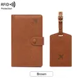 Brown RFID blocking leather passport holder and luggage tag travel accessory set - Brown Set