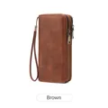 Brown leather wallet with RFID blocking, double zipper compartments and wristlet strap - Brown