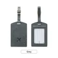 Grey PU leather luggage tag with airplane icon, buckle strap and clear ID window - Gray