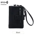 Women's multi-functional RFID blocking wallet in black PU leather with zipper and wrist strap - Black