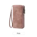 Portafoglio rosa vintage RFID con doppia cerniera e cinturino da polso con finitura opaca - Rosa