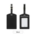 Professional black PU leather luggage tag with airplane icon and adjustable buckle strap - Black