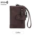 Short RFID blocking tri-fold women's wallet in vintage coffee brown leather with wrist strap - Coffee