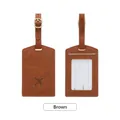 Brown PU leather luggage tag with vintage texture, airplane icon, and ID card window - Brown