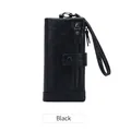 Portefeuille femme noir RFID long en cuir souple avec dragonne et fermeture pression - Noir