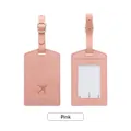 Pink PU leather luggage tag with airplane icon, featuring information card and strap - Pink