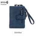 Dark blue RFID leather wallet with zipper pocket, snap closure and wrist strap - Ink Blue