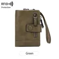 Olive green RFID leather wallet for women with zipper pocket and wrist strap - Army Green